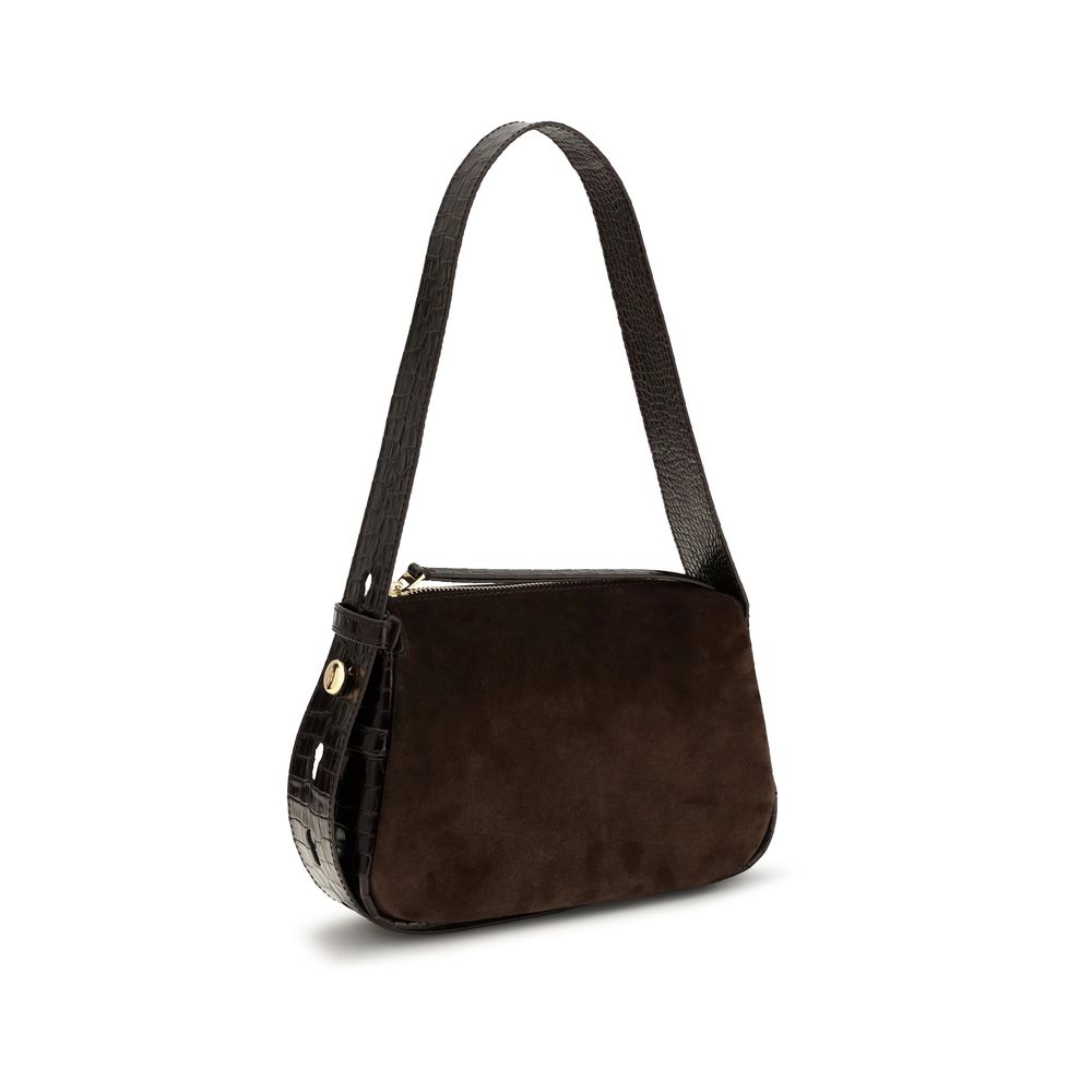 Small Shoulder Bag by Tory Burch for women in suede crocodile skin leather brown features an effortlessly chic silhouette with a secure zipper, ample single-compartment, and versatile shoulder-strap, adjustable-strap & handle for effortlessly chic everyday luxury.