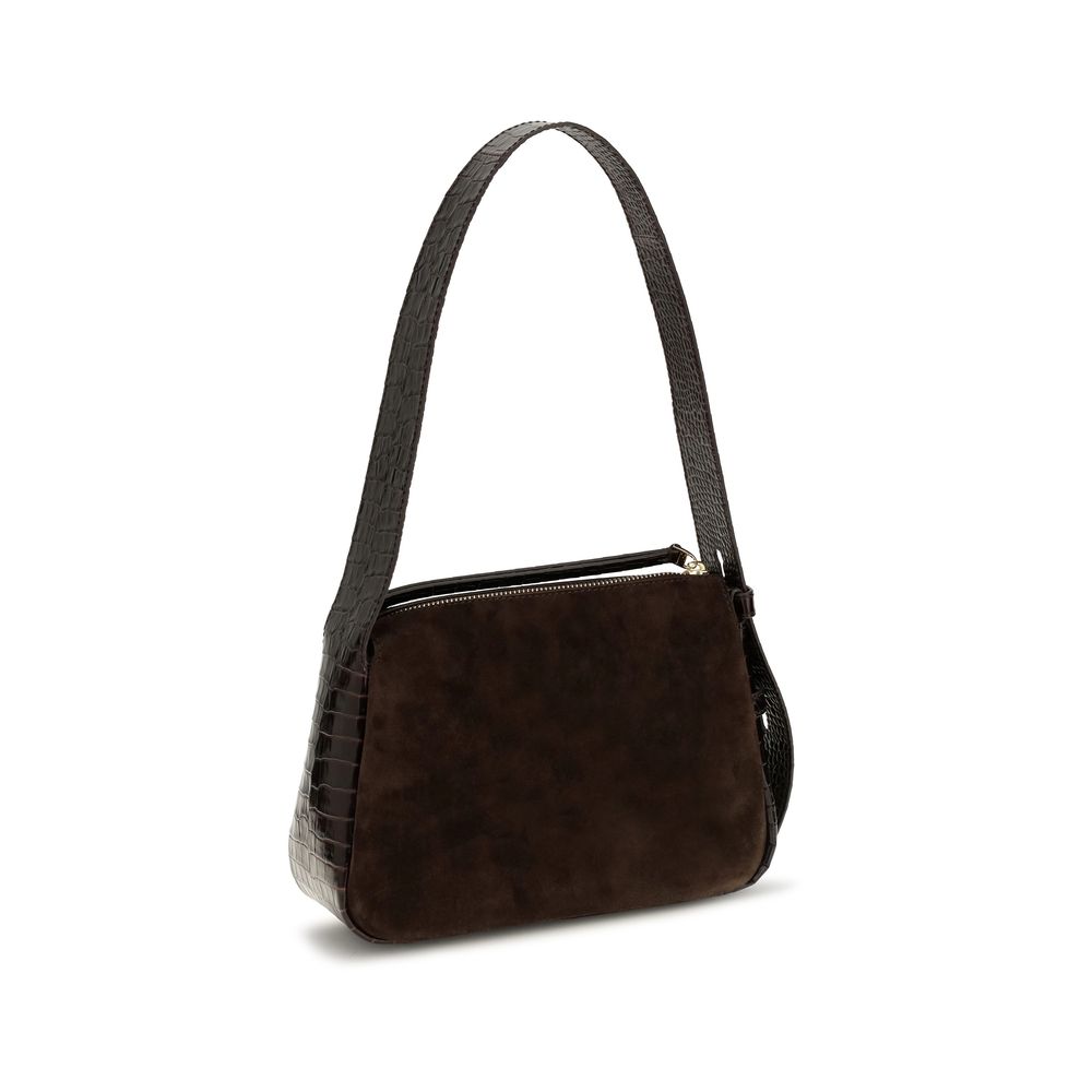 Small Shoulder Bag by Tory Burch for women in suede crocodile skin leather brown features a effortless chic silhouette with a secure zipper, ample single-compartment, and versatile shoulder-strap, adjustable-strap & handle for a effortless chic finish.