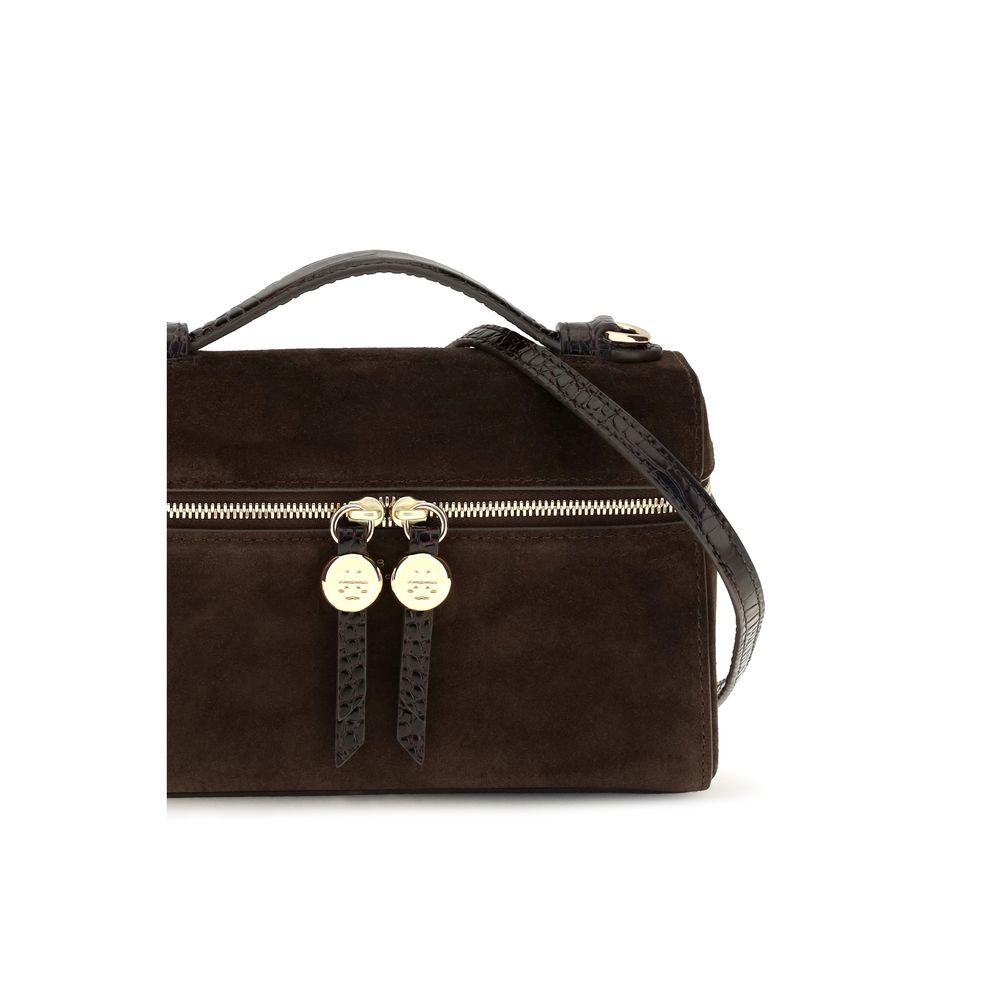 Compact Shoulder Bag by Tory Burch for women in suede leather brown presents a versatile silhouette, showcasing a secure zipper and versatile with versatile shoulder-strap & handle for a sophisticated look.