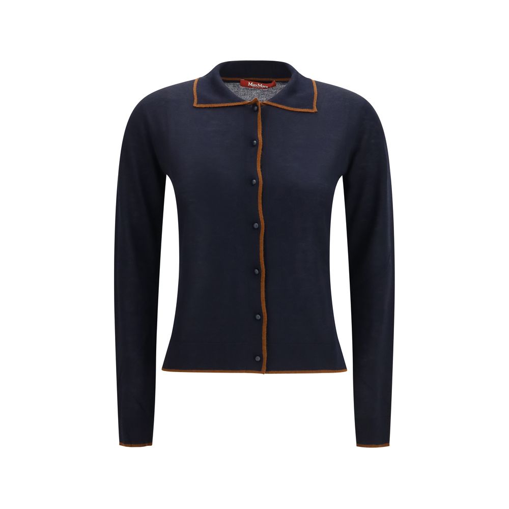 Cardigan by Max Mara for women in silk & merino wool blue features a dramatic silhouette, showcasing a sophisticated shirt-collar neckline and dramatic long-sleeve detail for a timeless, premium look.