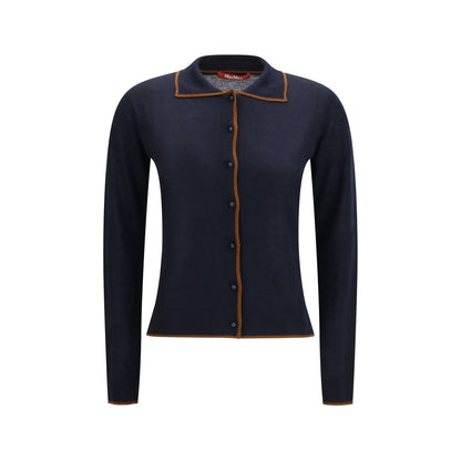 Cardigan by Max Mara for women in silk & merino wool blue features a dramatic silhouette, showcasing a sophisticated shirt-collar neckline and dramatic long-sleeve detail for a timeless, premium look.