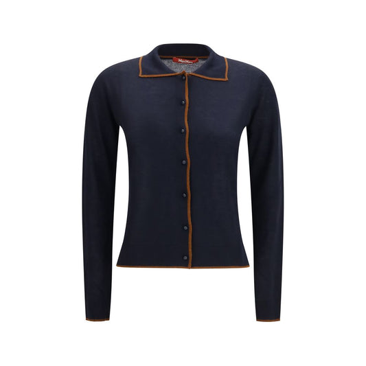 Cardigan by Max Mara for women in silk & merino wool blue features a dramatic silhouette, showcasing a sophisticated shirt-collar neckline and dramatic long-sleeve detail for a timeless, premium look.