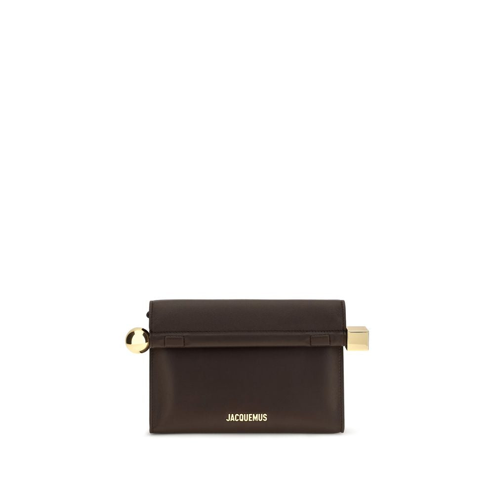 Shoulder Flap Clutch Handbag by Jacquemus for women in nappa leather & cotton brown & gold features a sculptural silhouette with a secure flap, zipper & magnetic, ample , and versatile shoulder-strap & handle for a sculptural finish.