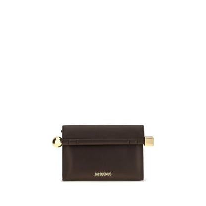 Shoulder Flap Clutch Handbag by Jacquemus for women in nappa leather & cotton brown & gold features a sculptural silhouette with a secure flap, zipper & magnetic, ample , and versatile shoulder-strap & handle for a sculptural finish.