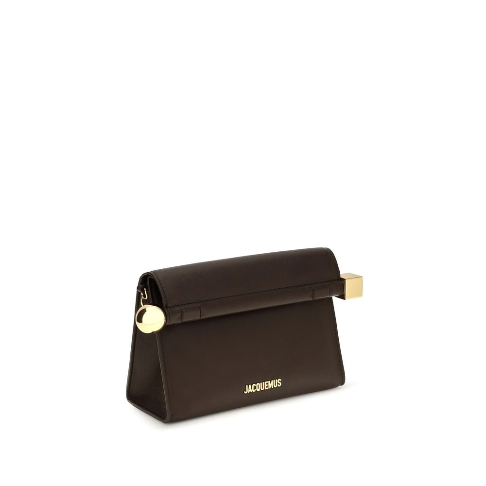 Shoulder Flap Clutch Handbag by Jacquemus for women in nappa leather & cotton brown & gold features an sculptural silhouette, showcasing a secure flap, zipper & magnetic and sculptural with versatile shoulder-strap & handle for a sophisticated look.