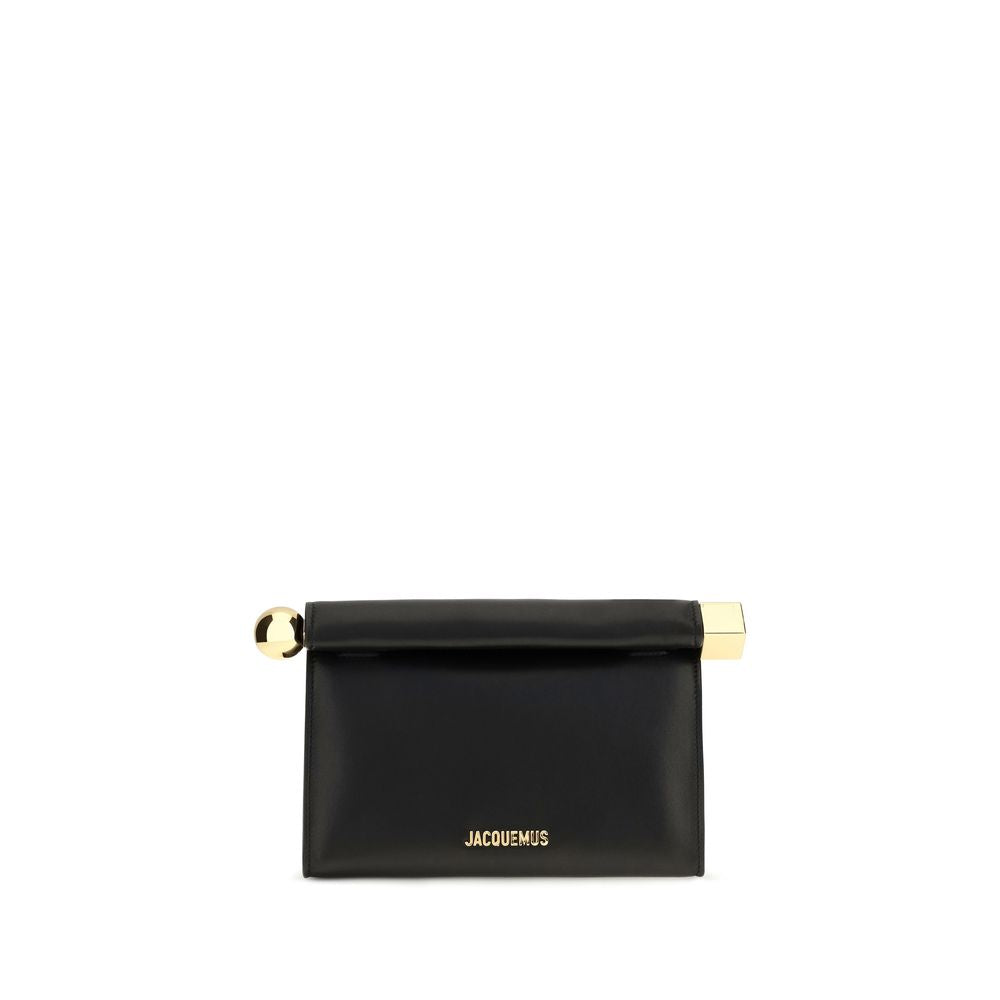 Shoulder Flap Clutch Handbag by Jacquemus for women in cotton & nappa lamb leather black & gold features a statuesque silhouette, showcasing a secure flap, zipper & magnetic and organized with versatile shoulder-strap & handle for statuesque evening wear.
