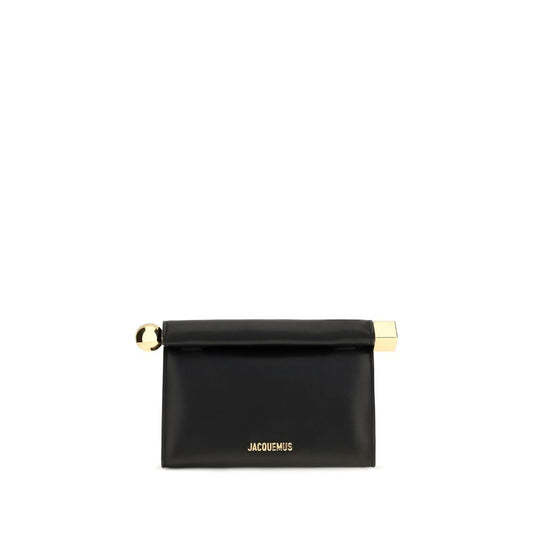 Shoulder Flap Clutch Handbag by Jacquemus for women in cotton & nappa lamb leather black & gold features a statuesque silhouette, showcasing a secure flap, zipper & magnetic and organized with versatile shoulder-strap & handle for statuesque evening wear.