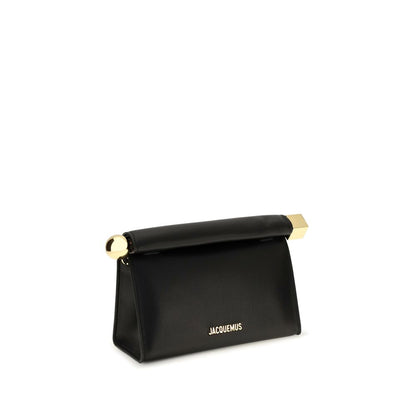 Shoulder Flap Clutch Handbag by Jacquemus for women in cotton & nappa lamb leather black & gold features a sculptural silhouette with a secure flap, zipper & magnetic, organized , and versatile shoulder-strap & handle for a sculptural finish.
