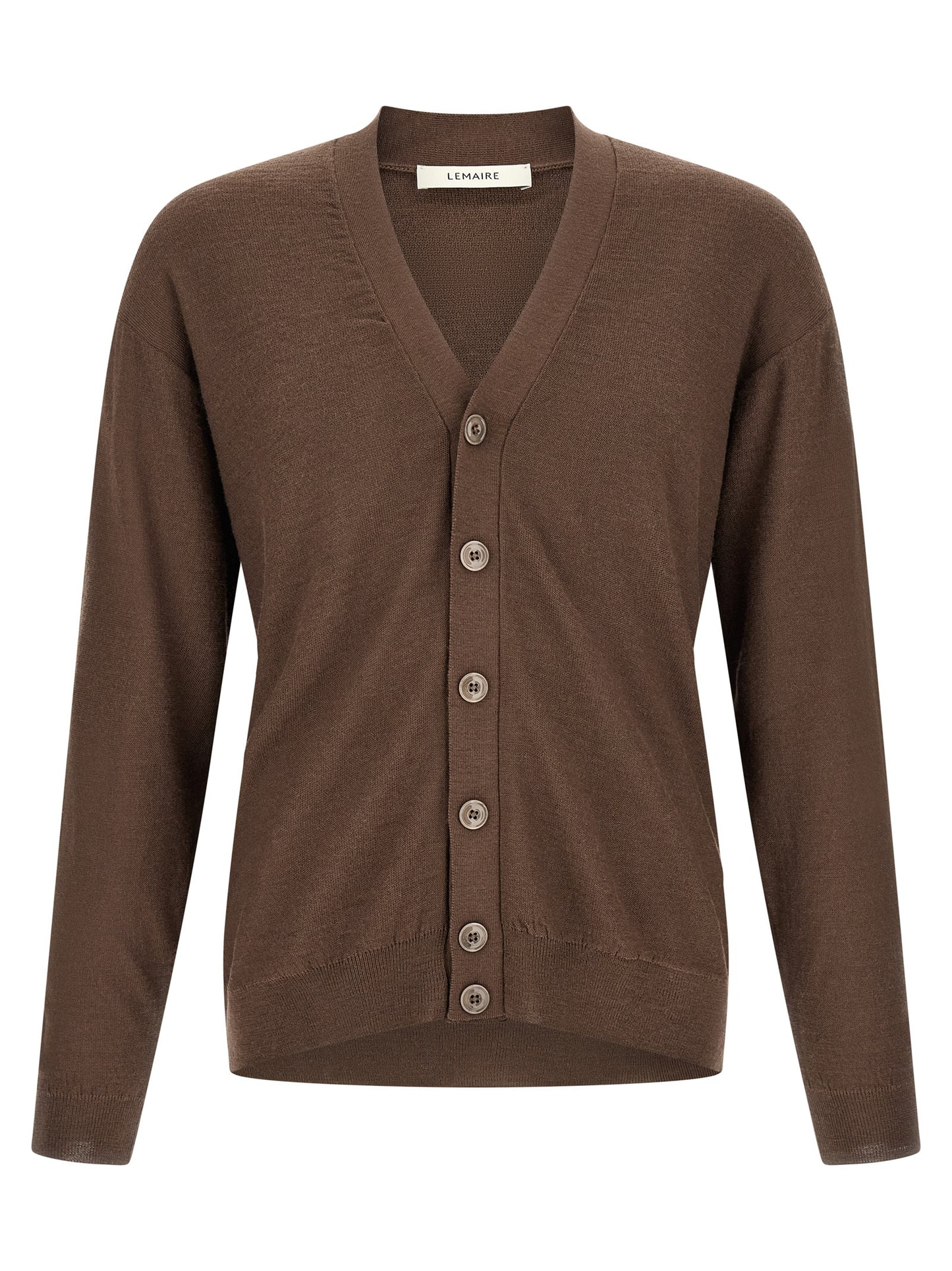 Cardigan by Lemaire for men in wool acrylic brown features a nuanced silhouette with a refined v-neck neckline and nuanced detailing for a sophisticated look.