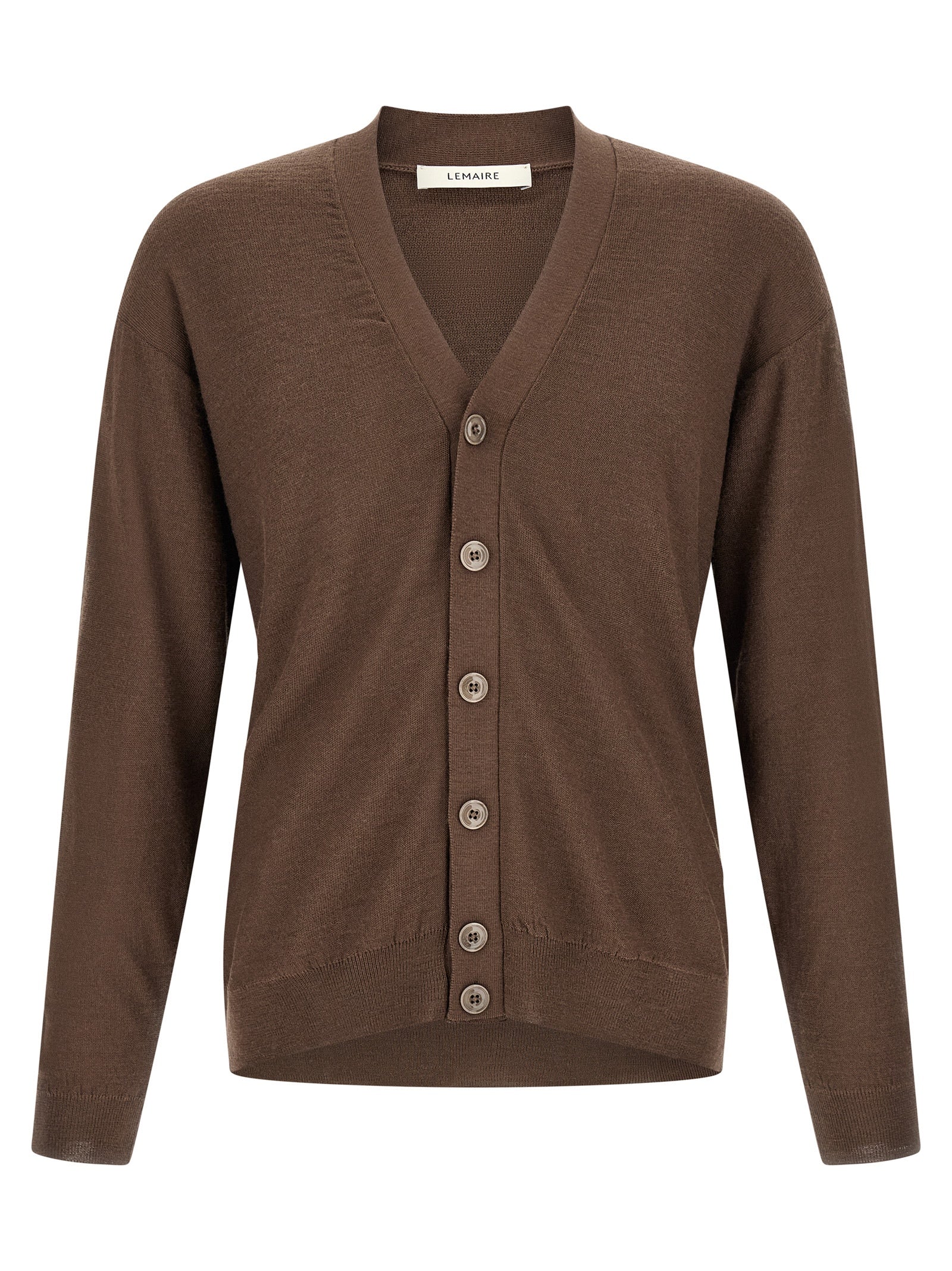 Cardigan by Lemaire for men in wool acrylic brown features a nuanced silhouette with a refined v-neck neckline and nuanced detailing for a sophisticated look.