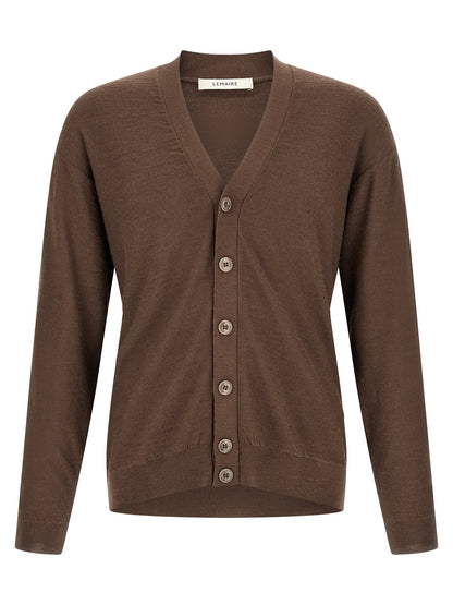 Cardigan by Lemaire for men in wool acrylic brown features a nuanced silhouette with a refined v-neck neckline and nuanced detailing for a sophisticated look.