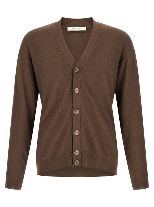 Cardigan by Lemaire for men in wool acrylic brown features a nuanced silhouette with a refined v-neck neckline and nuanced detailing for a sophisticated look.
