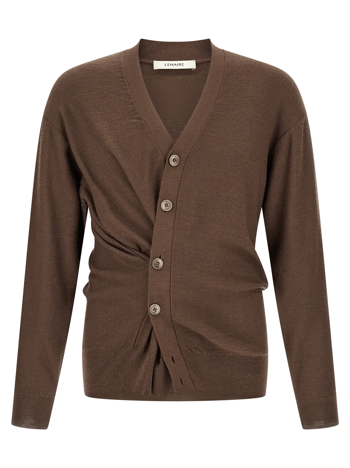 Cardigan by Lemaire for men in wool acrylic brown features an crisp silhouette, showcasing a sophisticated v-neck neckline and detail for a truly crisp finish.