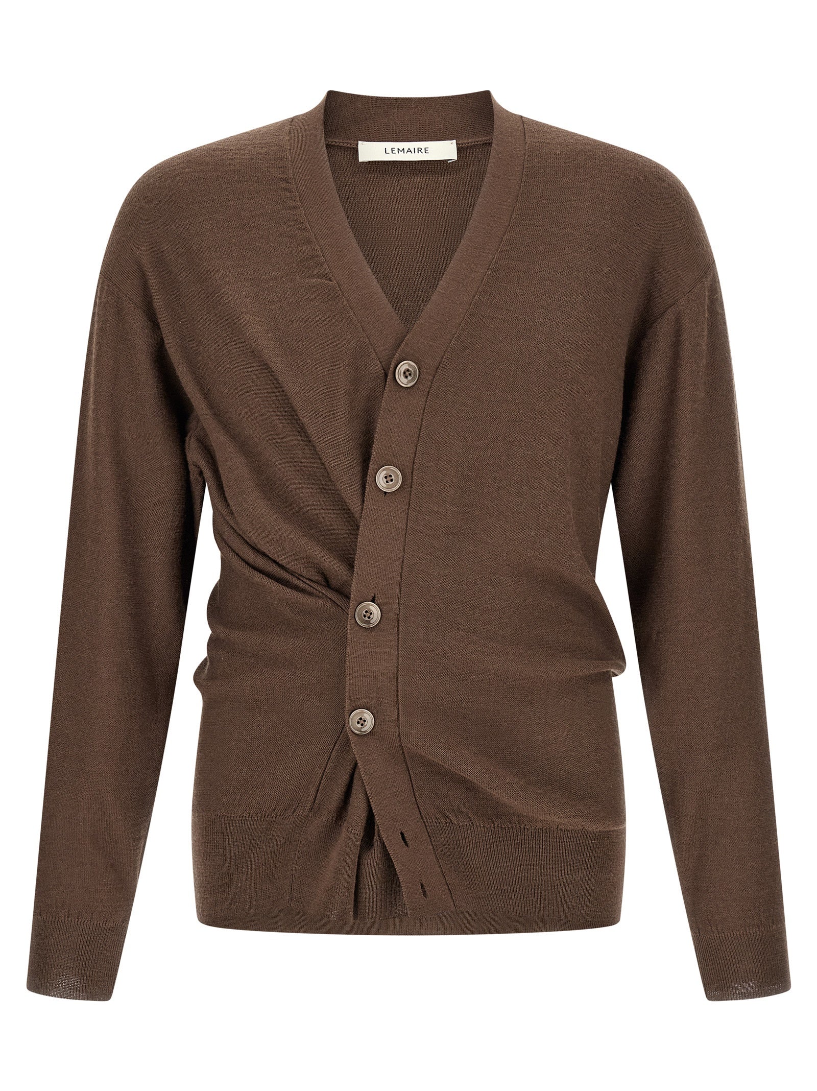 Cardigan by Lemaire for men in wool acrylic brown features an crisp silhouette, showcasing a sophisticated v-neck neckline and detail for a truly crisp finish.