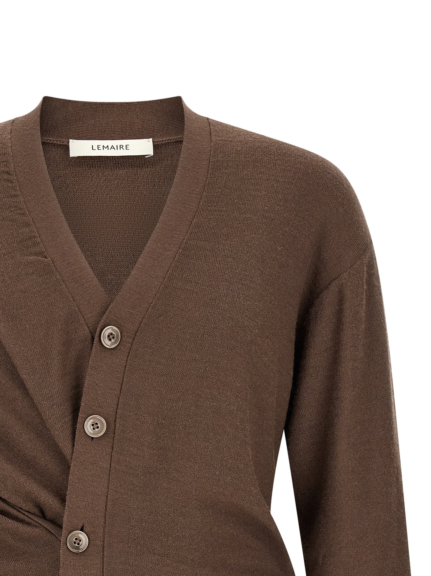 Cardigan by Lemaire for men in wool acrylic brown presents a textural silhouette, artfully finished with a textural v-neck neckline and for a sophisticated, textural look.