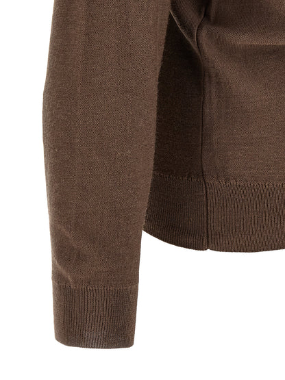 Cardigan by Lemaire for men in wool acrylic brown features an crisp silhouette, showcasing a sophisticated v-neck neckline and detail for a truly crisp finish.