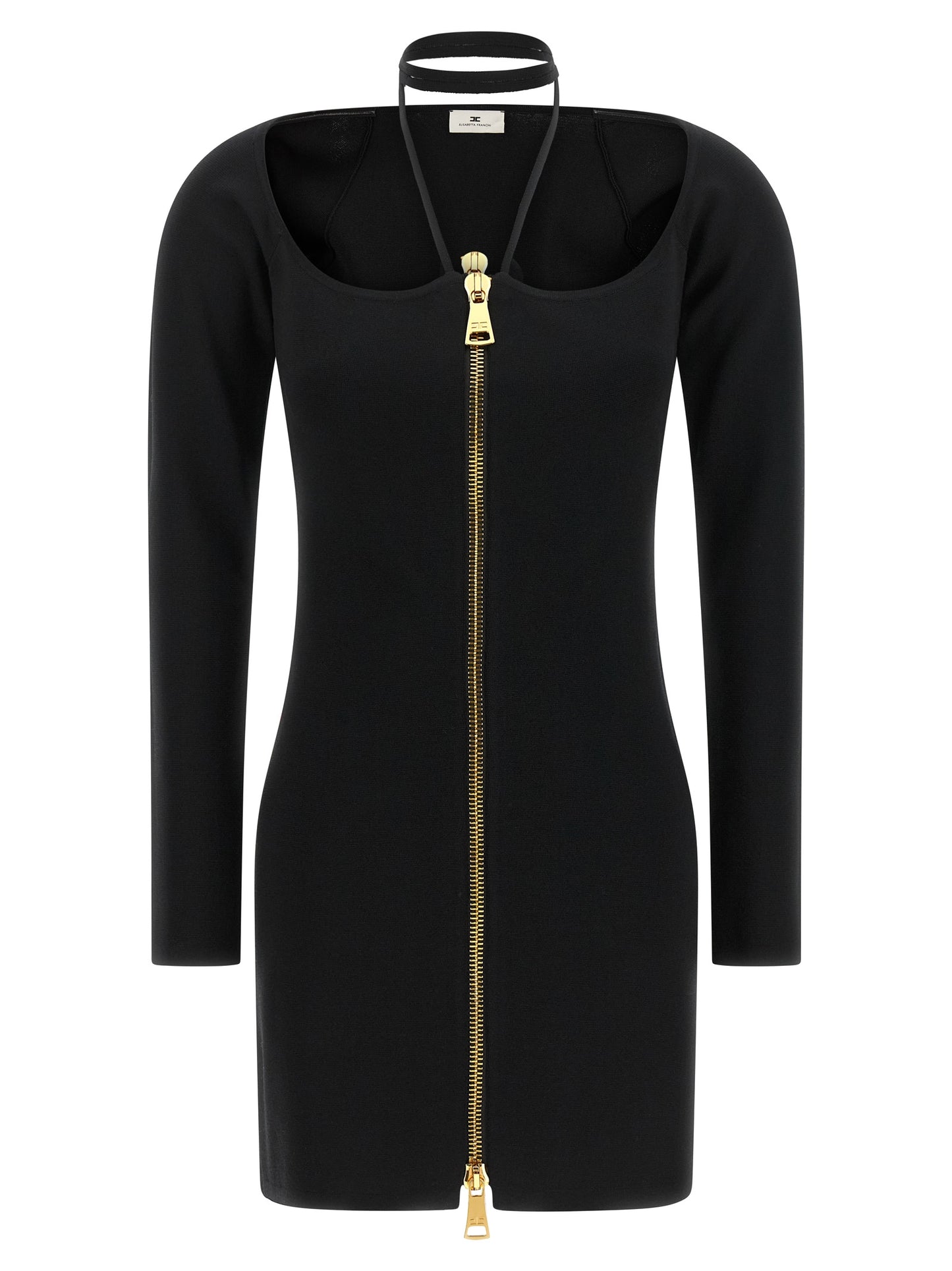 Dress by Elisabetta Franchi for women in polyamide & viscose black & gold features a dramatic silhouette, showcasing an elegant wide-neck halter neckline and that flows into a dramatic short mini.