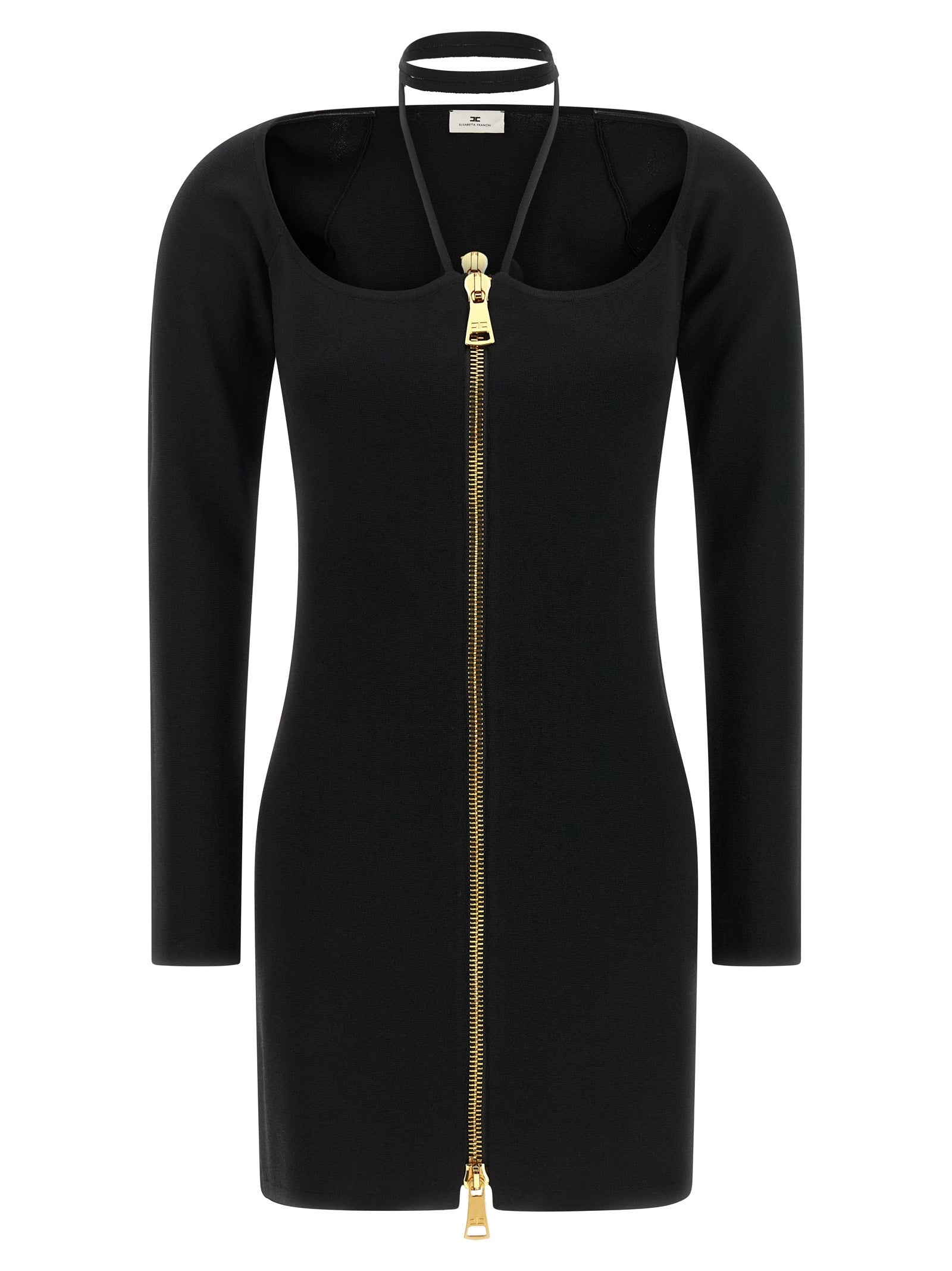 Dress by Elisabetta Franchi for women in polyamide & viscose black & gold features a dramatic silhouette, showcasing an elegant wide-neck halter neckline and that flows into a dramatic short mini.
