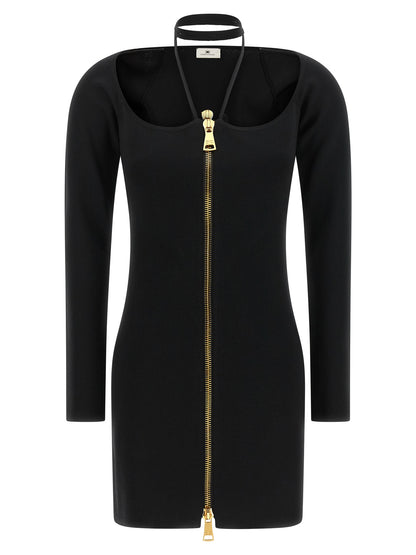 Dress by Elisabetta Franchi for women in polyamide & viscose black & gold features a dramatic silhouette, showcasing an elegant wide-neck halter neckline and that flows into a dramatic short mini.