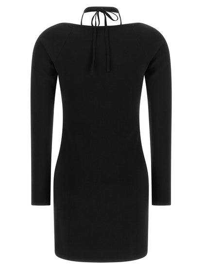 Dress by Elisabetta Franchi for women in polyamide & viscose black & gold features an sultry silhouette defined by a wide-neck halter neckline and , falling to an sultry short mini for a sultry look.