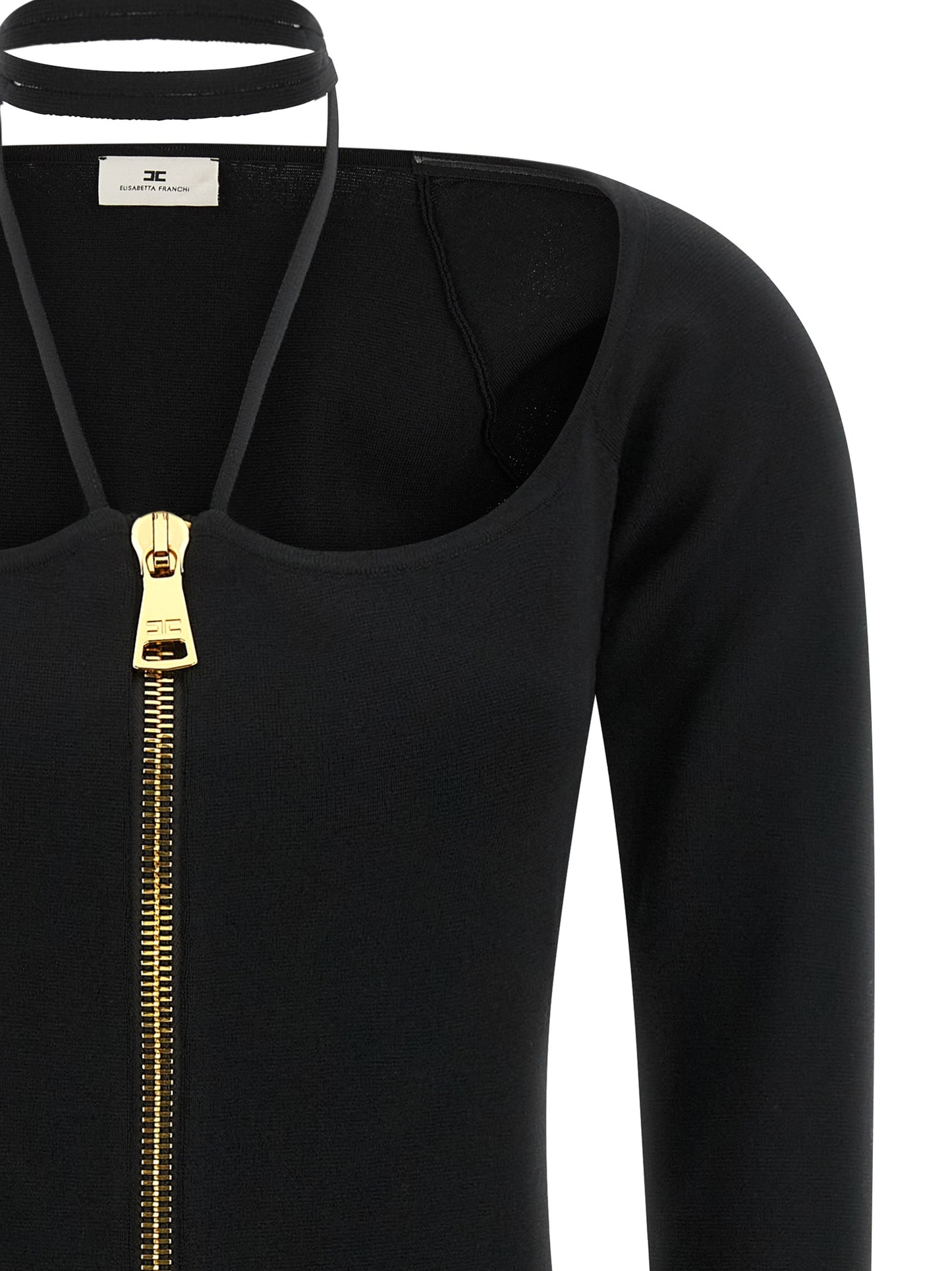 Dress by Elisabetta Franchi for women in polyamide & viscose black & gold presents a sinuous silhouette, showcasing a sophisticated wide-neck halter neckline and detailed with a sinuous short mini for a refined finish.
