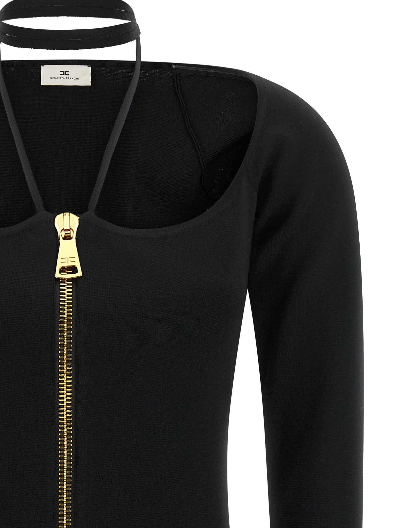Dress by Elisabetta Franchi for women in polyamide & viscose black & gold presents a sinuous silhouette, showcasing a sophisticated wide-neck halter neckline and detailed with a sinuous short mini for a refined finish.