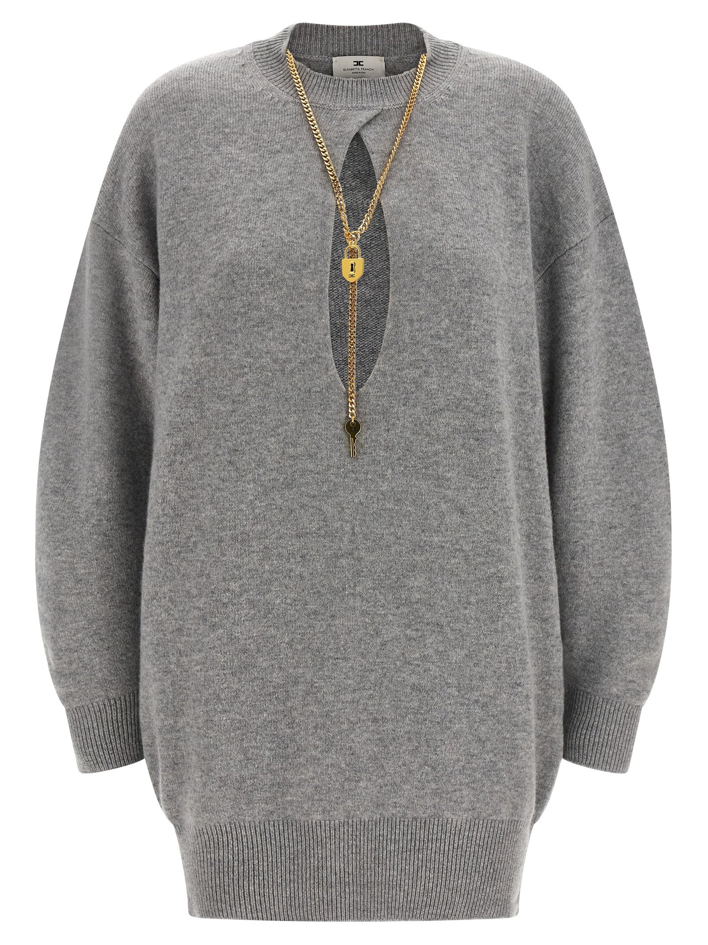 Dress by Elisabetta Franchi for women in polyamide & cashmere gray, gold, signature & monogram features an magnificent silhouette, artfully detailed with a magnificent and that flows into an magnificent short.