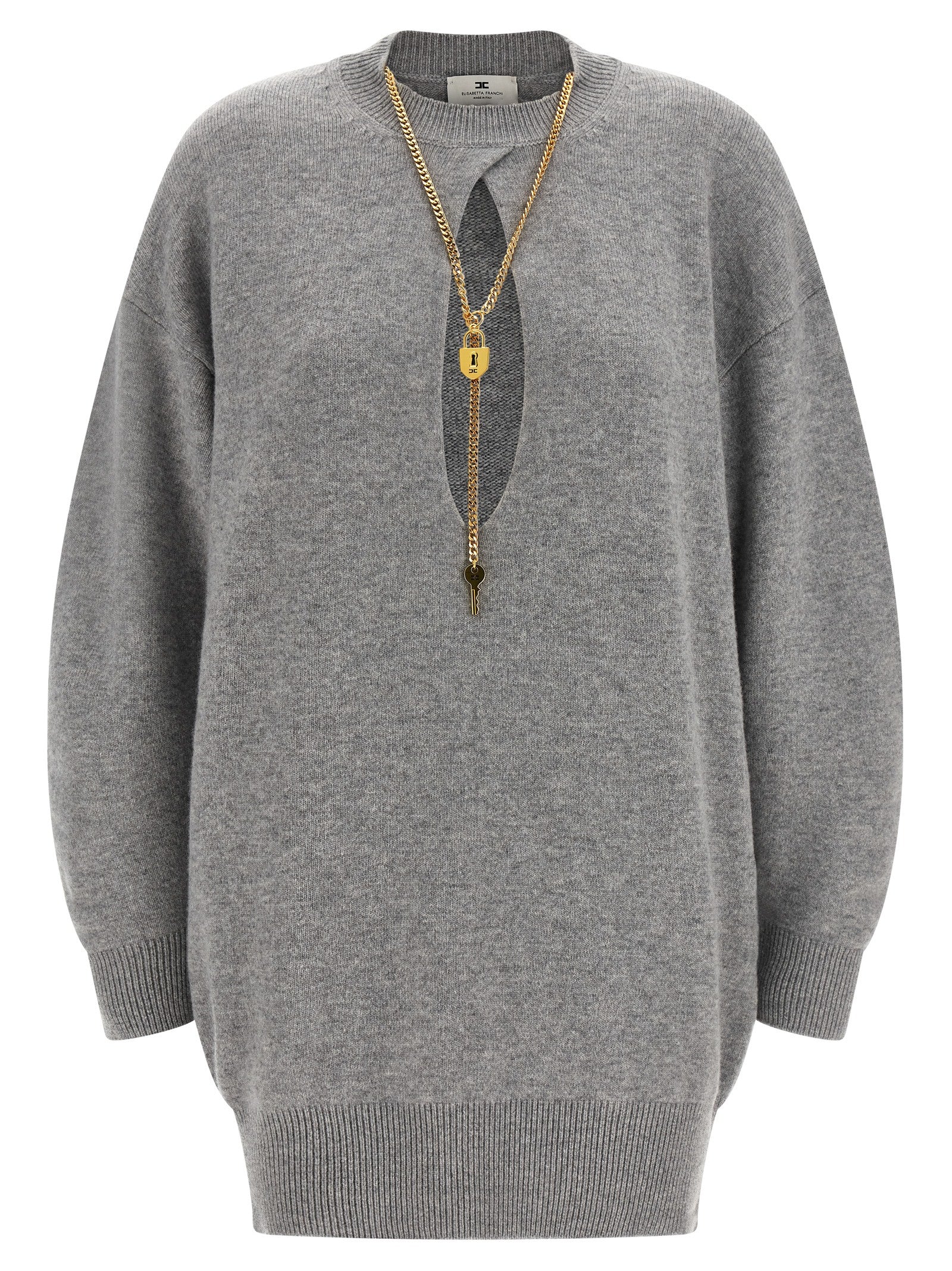 Dress by Elisabetta Franchi for women in polyamide & cashmere gray, gold, signature & monogram features an magnificent silhouette, artfully detailed with a magnificent and that flows into an magnificent short.