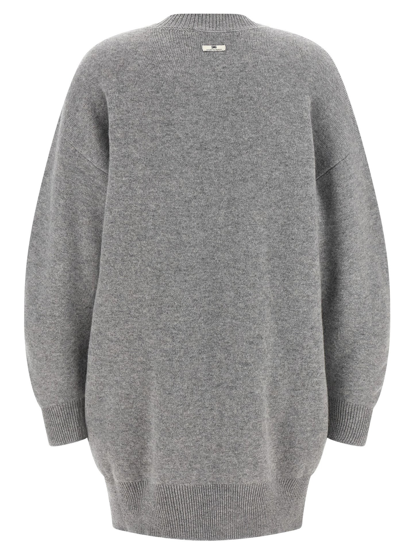 Dress by Elisabetta Franchi for women in polyamide & cashmere gray, gold, signature & monogram features an eye catching silhouette with a sophisticated , elegant , and a refined short for a eye catching aesthetic.