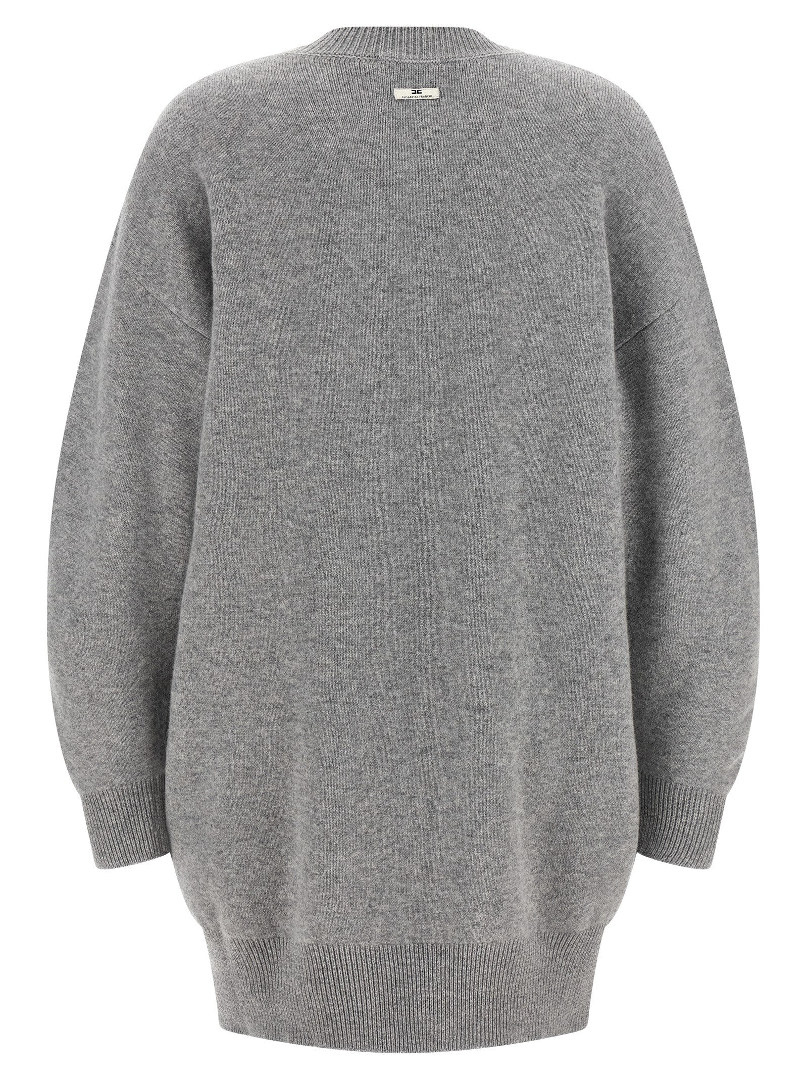 Dress by Elisabetta Franchi for women in polyamide & cashmere gray, gold, signature & monogram features an eye catching silhouette with a sophisticated , elegant , and a refined short for a eye catching aesthetic.