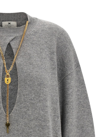 Dress by Elisabetta Franchi for women in polyamide & cashmere gray, gold, signature & monogram features an cute silhouette, detailed with a and that elegantly flows into a cute short.