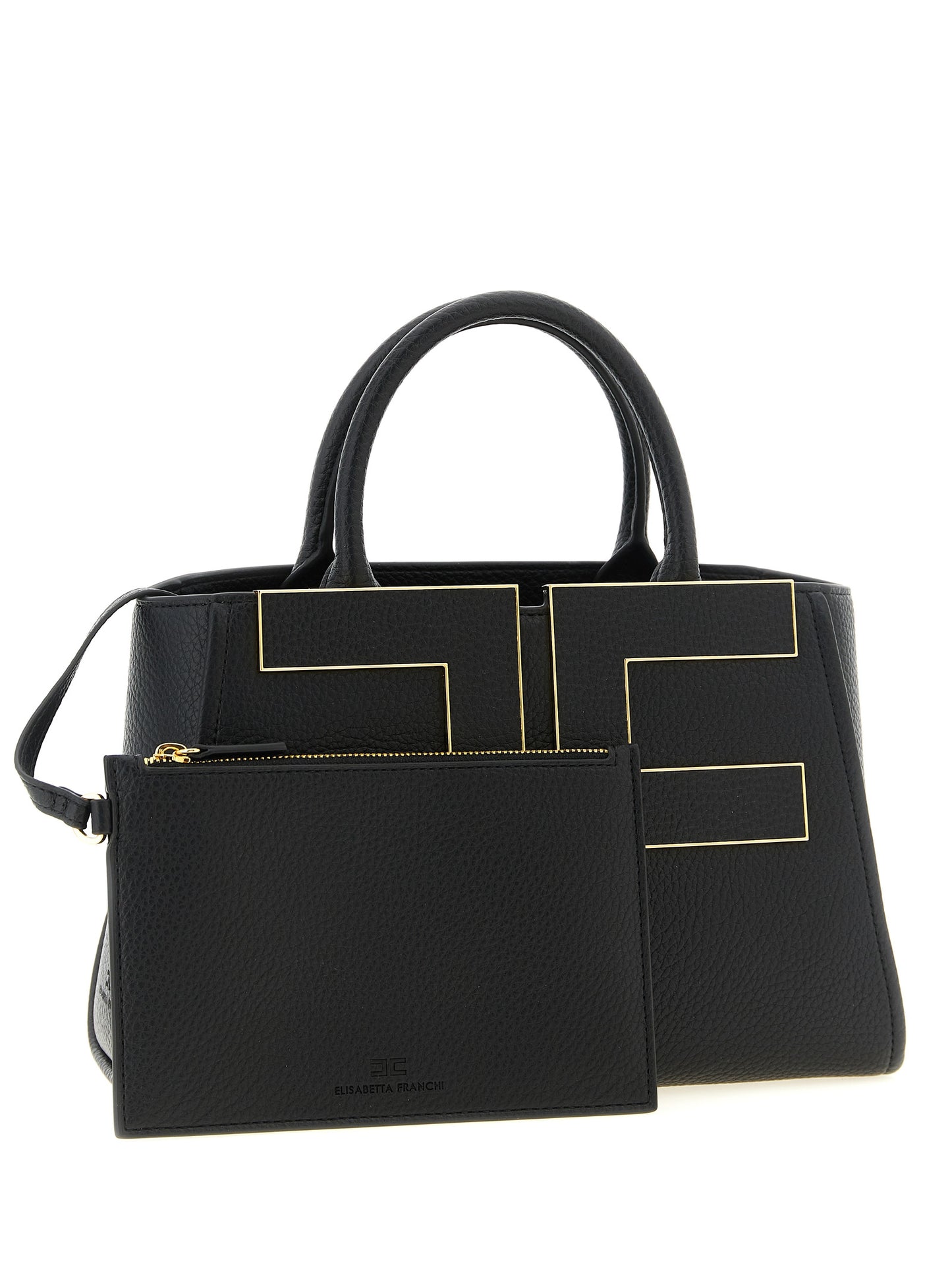 This Tote Clutch Bag by Elisabetta Franchi for women in polyester polyurethane leather black & gold features an on trend Polyester Polyurethane Leather Tote Clutch Bag design with a secure zipper & buckle, ample , and on trend shoulder-strap, adjustable-strap & handle.