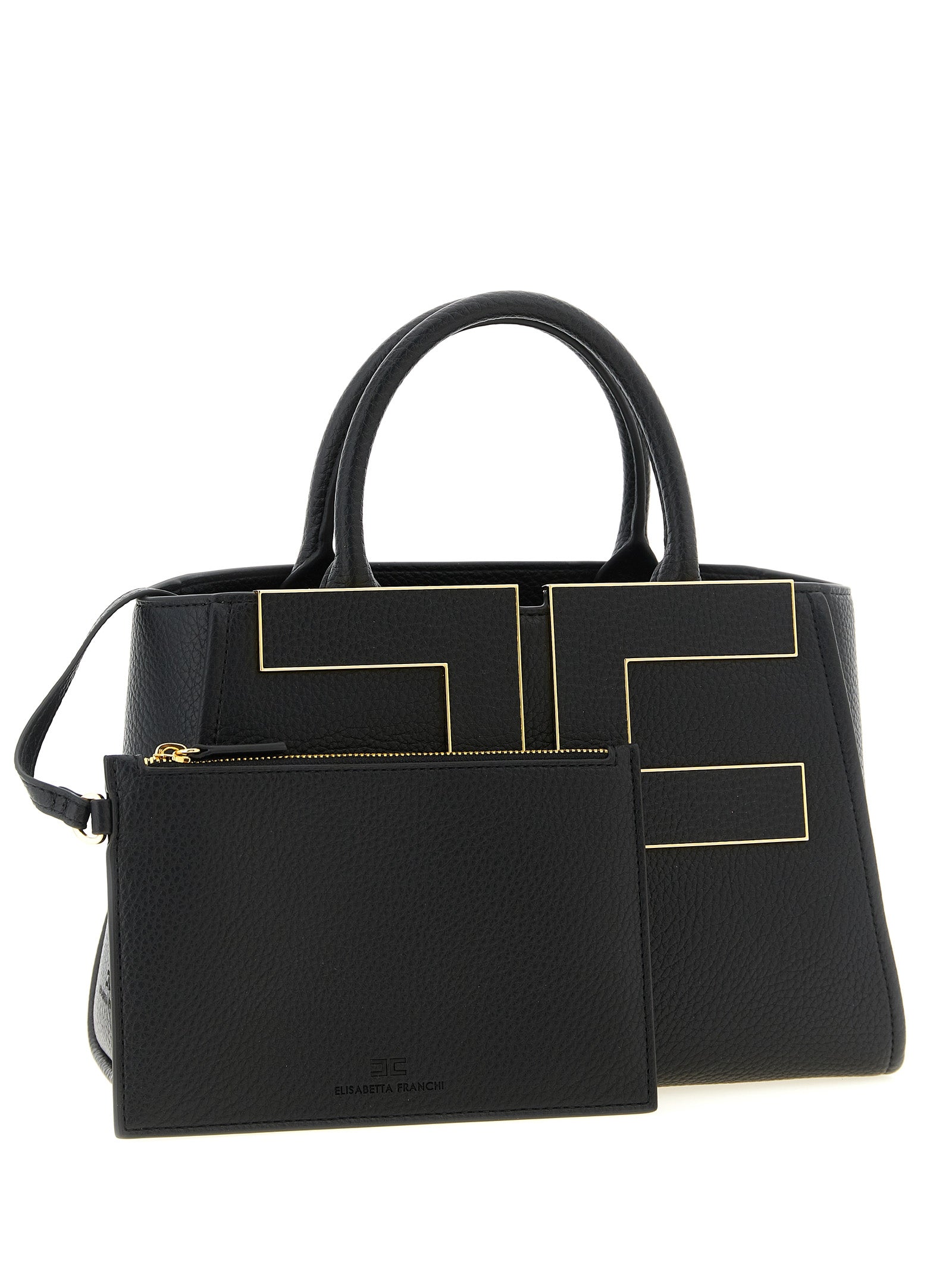 This Tote Clutch Bag by Elisabetta Franchi for women in polyester polyurethane leather black & gold features an on trend Polyester Polyurethane Leather Tote Clutch Bag design with a secure zipper & buckle, ample , and on trend shoulder-strap, adjustable-strap & handle.