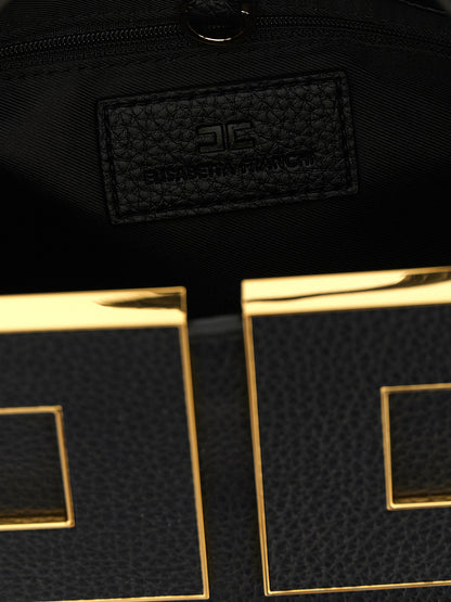 Tote Clutch Bag by Elisabetta Franchi for women in polyester polyurethane leather black & gold features an utilitarian-chic silhouette, showcasing the Polyester Polyurethane Leather Tote Clutch Bag design with a secure zipper & buckle, ample , and versatile shoulder-strap, adjustable-strap & handle.