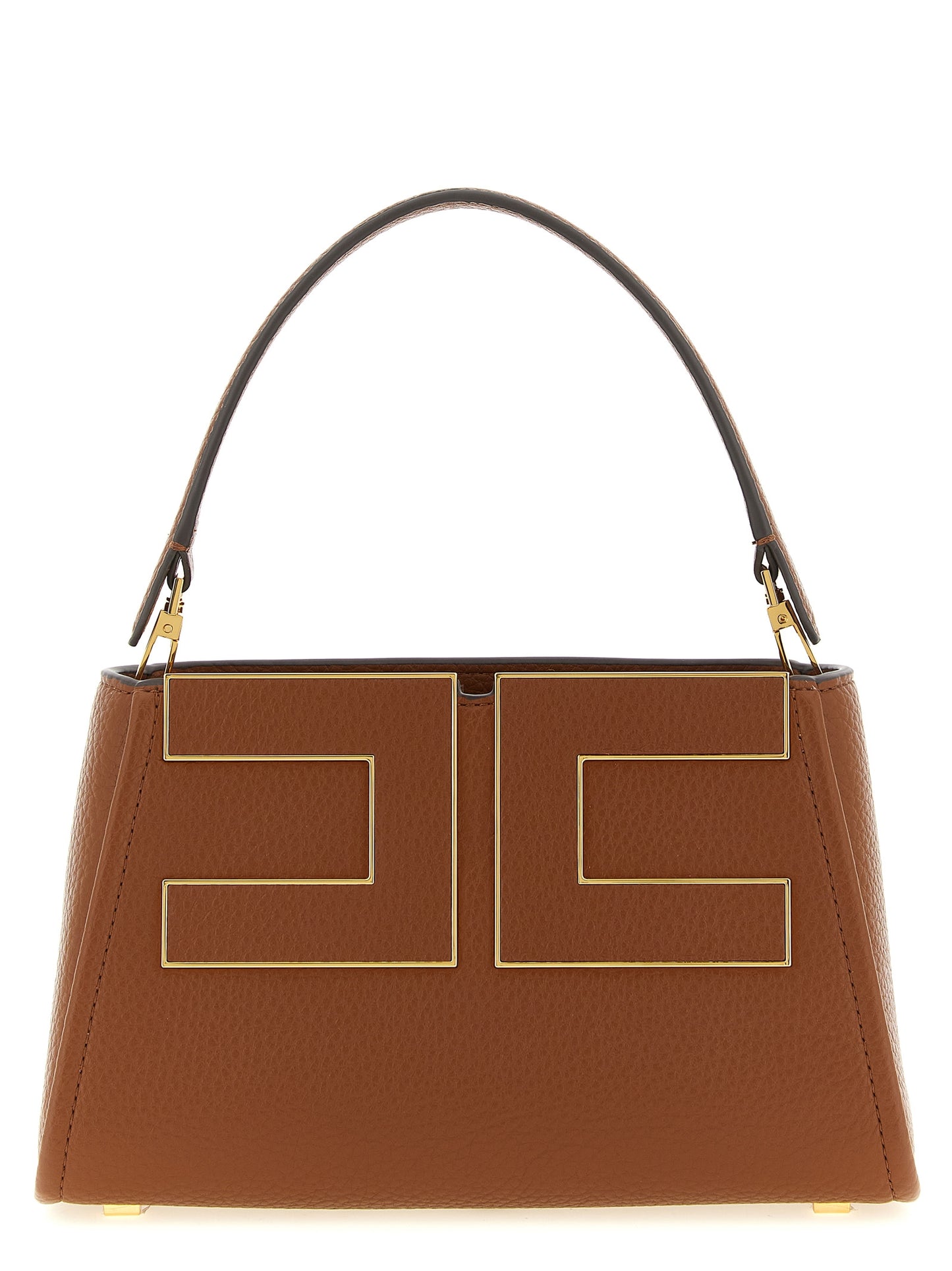 Handbag by Elisabetta Franchi for women in polyester & polyurethane brown, gold & signature features a contemporary silhouette, showcasing a secure zipper, ample , and contemporary adjustable-strap & handle for a sophisticated look.