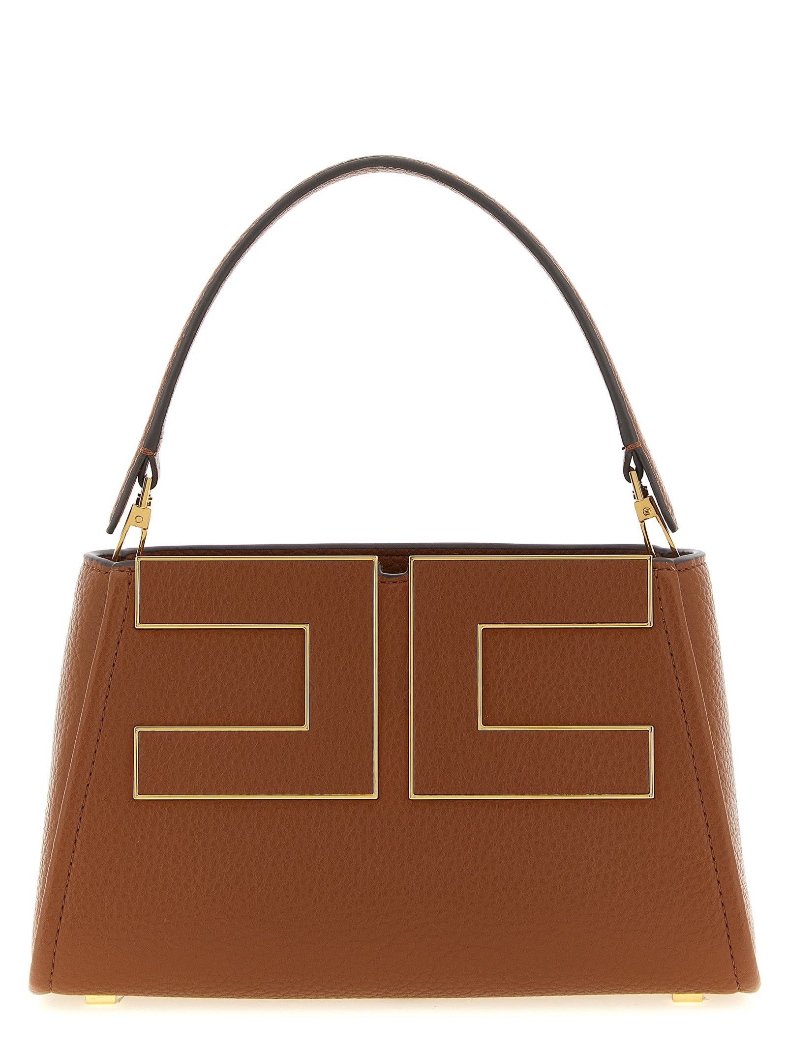 Handbag by Elisabetta Franchi for women in polyester & polyurethane brown, gold & signature features a contemporary silhouette, showcasing a secure zipper, ample , and contemporary adjustable-strap & handle for a sophisticated look.