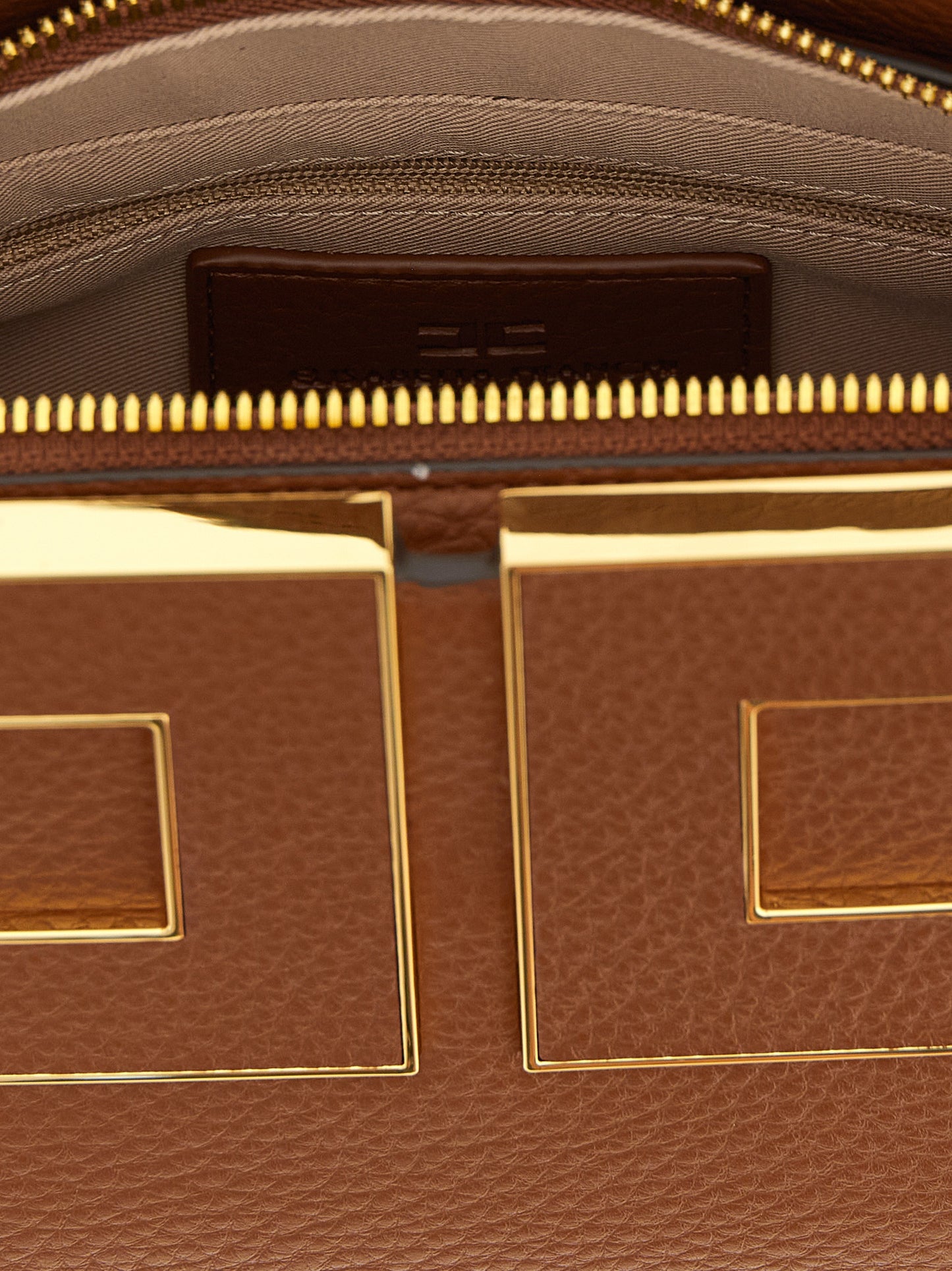 Handbag by Elisabetta Franchi for women in polyester & polyurethane brown, gold & signature features a signature silhouette, showcasing a secure zipper and signature with versatile adjustable-strap & handle for a sophisticated look.
