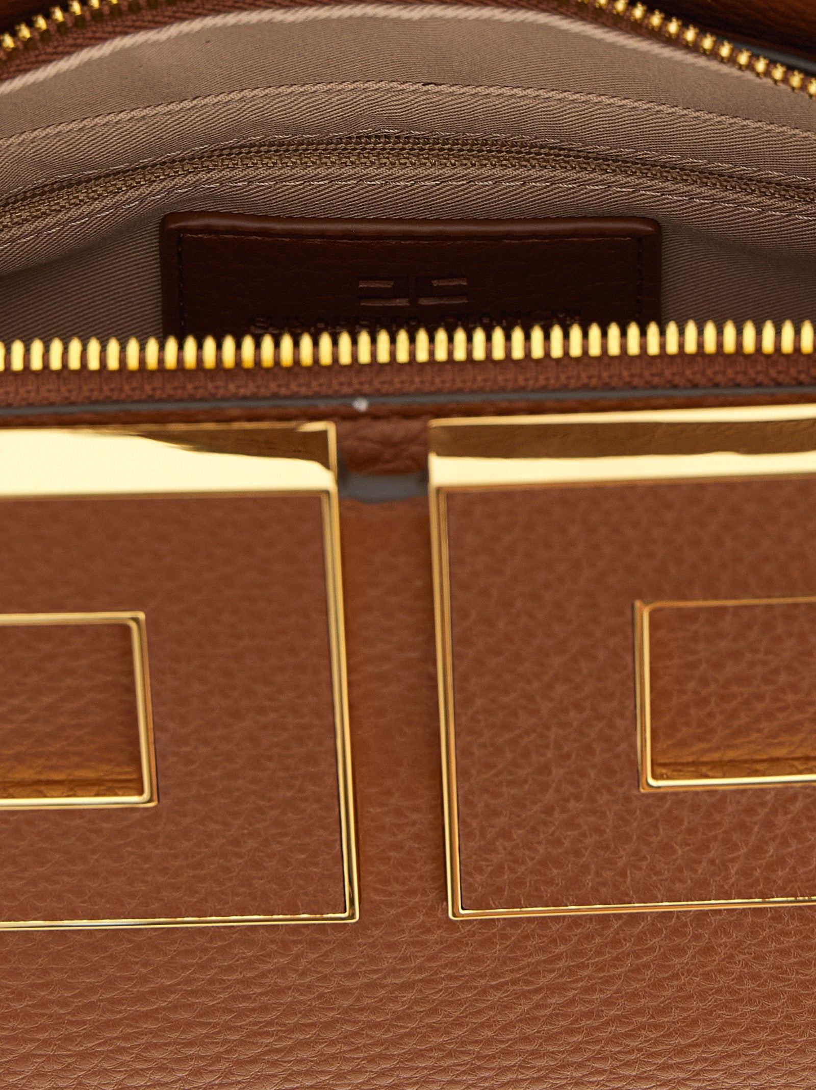 Handbag by Elisabetta Franchi for women in polyester & polyurethane brown, gold & signature features a signature silhouette, showcasing a secure zipper and signature with versatile adjustable-strap & handle for a sophisticated look.