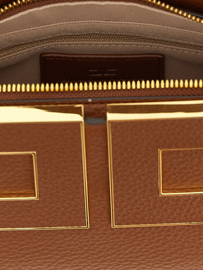 Handbag by Elisabetta Franchi for women in polyester & polyurethane brown, gold & signature features a signature silhouette, showcasing a secure zipper and signature with versatile adjustable-strap & handle for a sophisticated look.