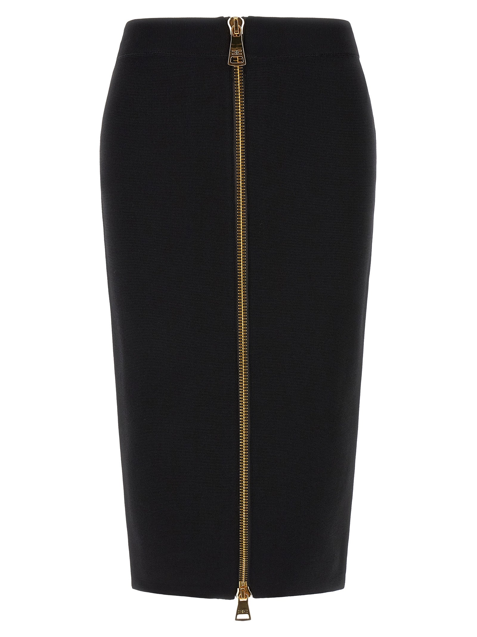 Skirt by Elisabetta Franchi for women in viscose polyamide & mesh black & gold features an tailored silhouette, artfully capturing the essence of Women's Pencil High Rise Viscose Polyamide & Mesh Skirt in a sophisticated midi.
