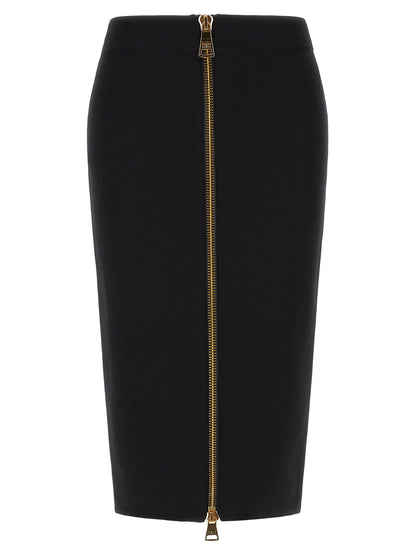 Skirt by Elisabetta Franchi for women in viscose polyamide & mesh black & gold features an tailored silhouette, artfully capturing the essence of Women's Pencil High Rise Viscose Polyamide & Mesh Skirt in a sophisticated midi.