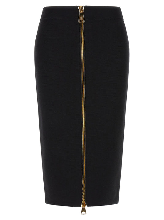 Skirt by Elisabetta Franchi for women in viscose polyamide & mesh black & gold features an tailored silhouette, artfully capturing the essence of Women's Pencil High Rise Viscose Polyamide & Mesh Skirt in a sophisticated midi.