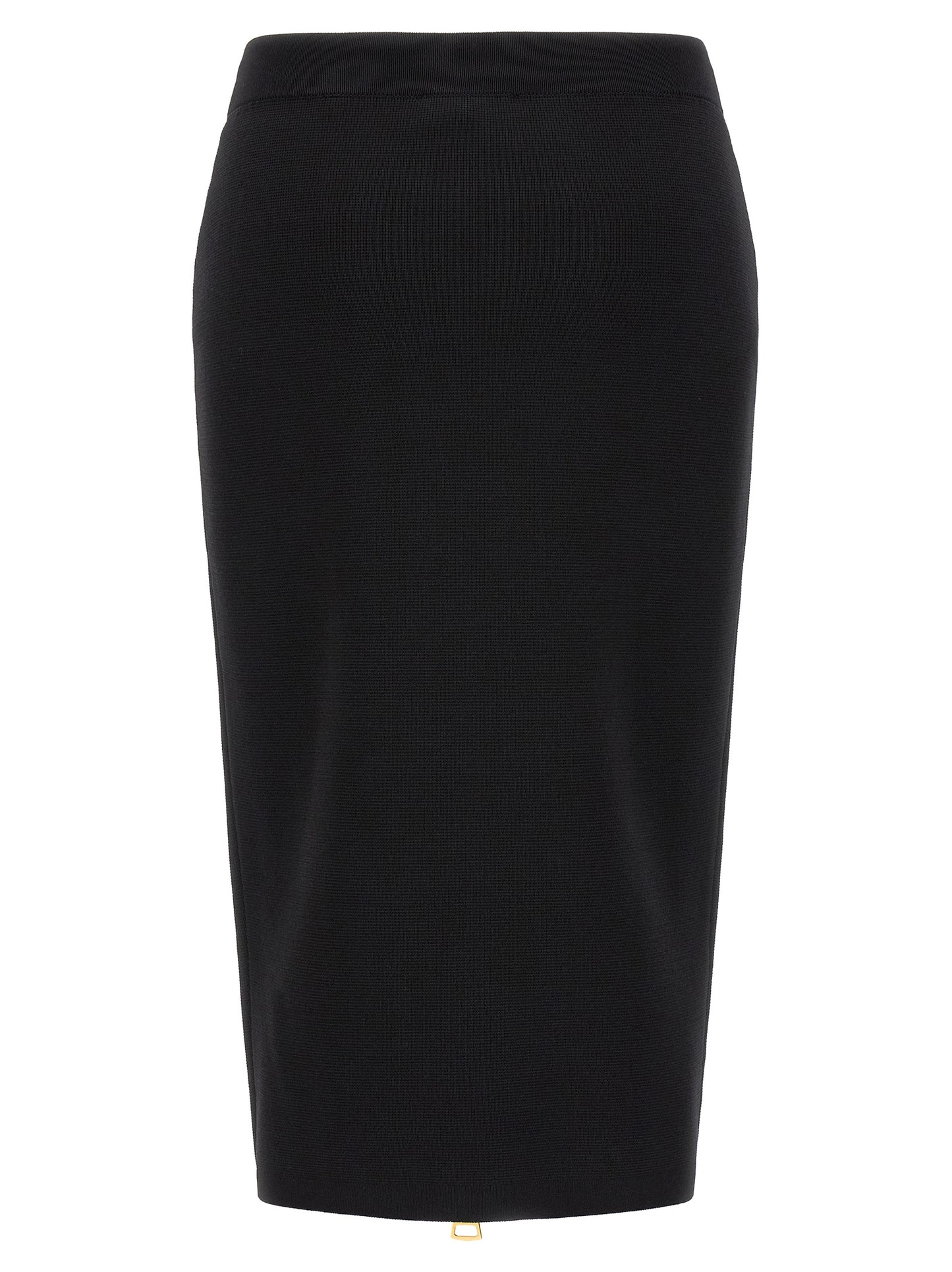 Skirt by Elisabetta Franchi for women in viscose polyamide & mesh black & gold features a captivating silhouette, showcasing the captivating Women's Pencil High Rise Viscose Polyamide & Mesh Skirt design with a sophisticated midi for a captivating look.