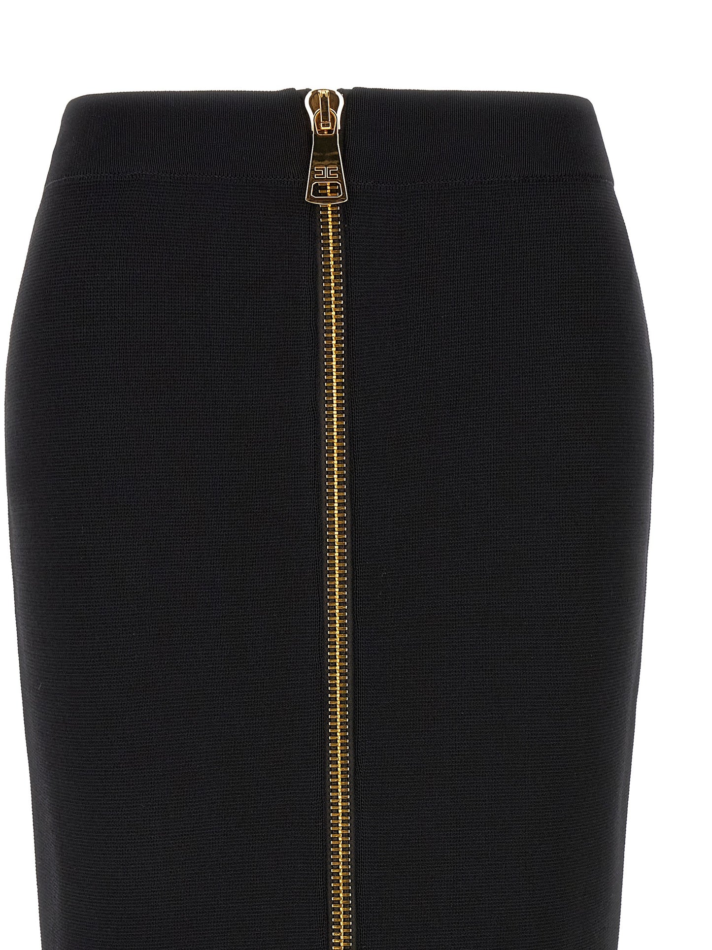 Skirt by Elisabetta Franchi for women in viscose polyamide & mesh black & gold features an relaxed-yet-refined silhouette that elegantly showcases the Women's Pencil High Rise Viscose Polyamide & Mesh Skirt design and sophisticated midi.