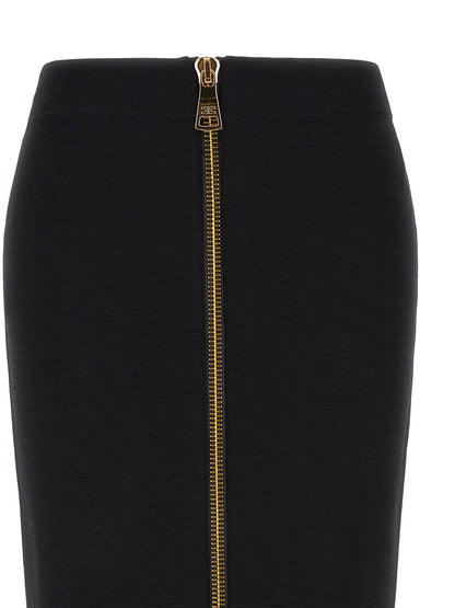 Skirt by Elisabetta Franchi for women in viscose polyamide & mesh black & gold features an relaxed-yet-refined silhouette that elegantly showcases the Women's Pencil High Rise Viscose Polyamide & Mesh Skirt design and sophisticated midi.