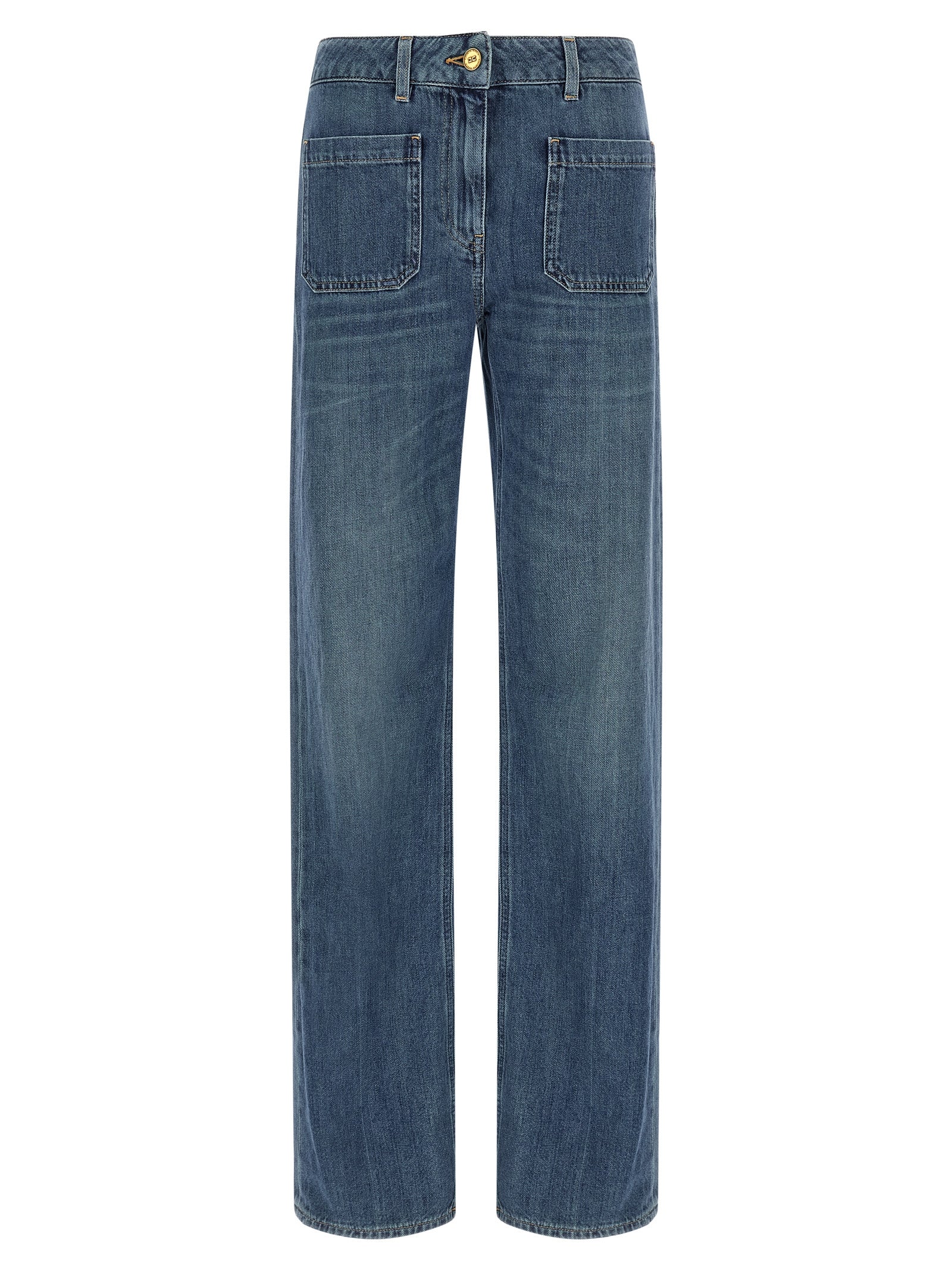Jeans by Elisabetta Franchi for women in denim cotton blue & gold features a refined silhouette with a refined straight-leg, defined by a and a refined long for a refined finish.