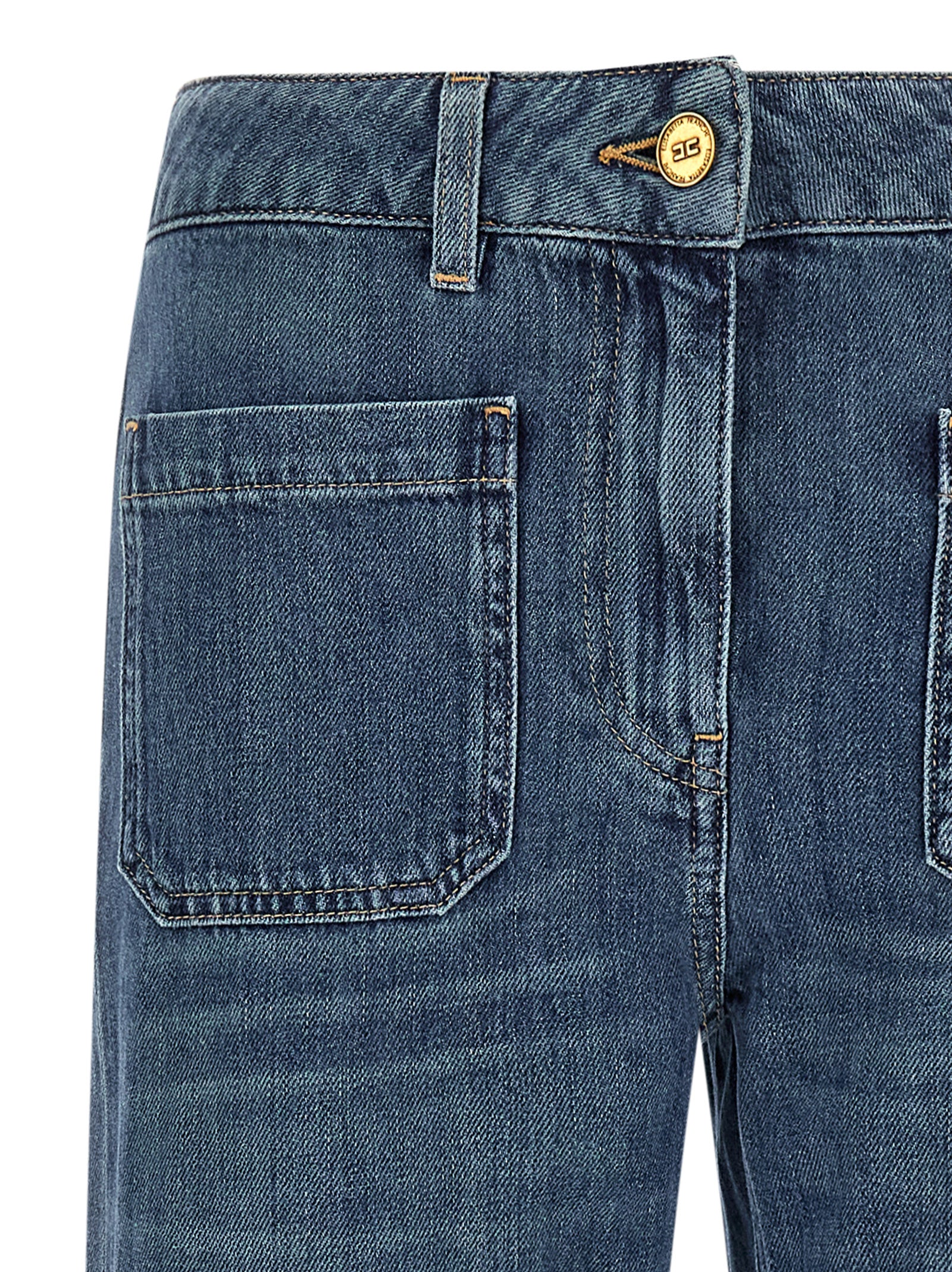 Jeans by Elisabetta Franchi for women in denim cotton blue & gold features a polished silhouette with a polished straight-leg, reaching a polished long and finished with a polished .