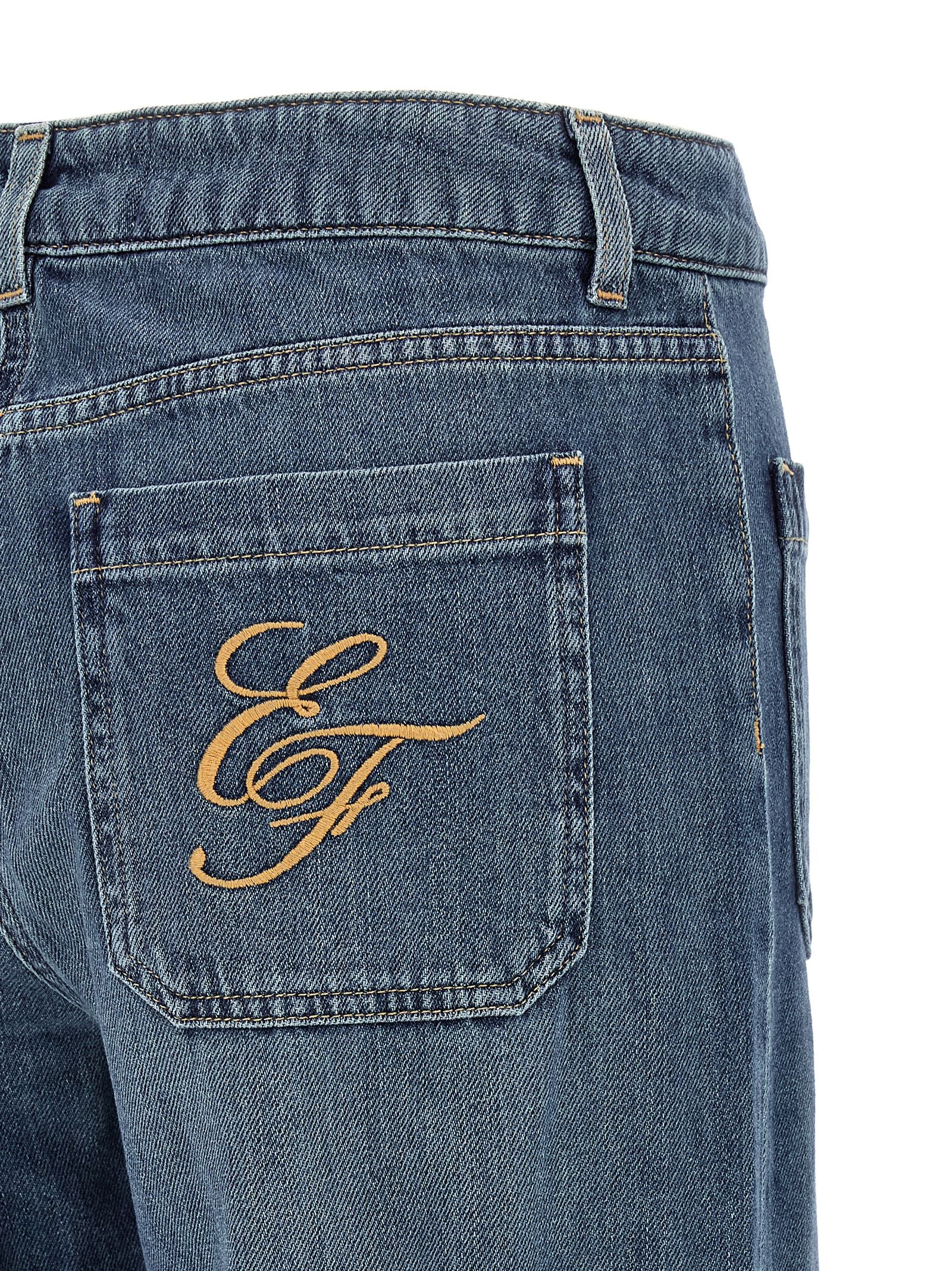 Jeans by Elisabetta Franchi for women in denim cotton blue & gold features an sartorial straight-leg and long with a cut for a sartorial finish.