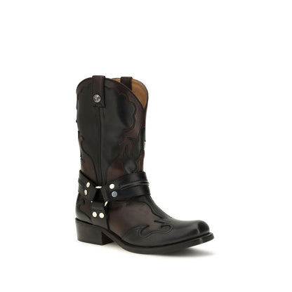 Ankle Cowboy Strap Boots by Versace for women in bos taurus calf leather black showcases a ergonomic silhouette from the Medusa Women's Bos Taurus Calf Leather Ankle Cowboy Strap Boots collection, featuring a ergonomic and a ergonomic square toe style.