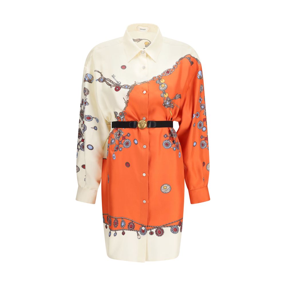 Dress by Versace for women in silk twill & calf leather orange, patterned & print features an eye catching silhouette with a sophisticated shirt-collar neckline, elegant long-sleeve, and a refined short mini for a eye catching aesthetic.